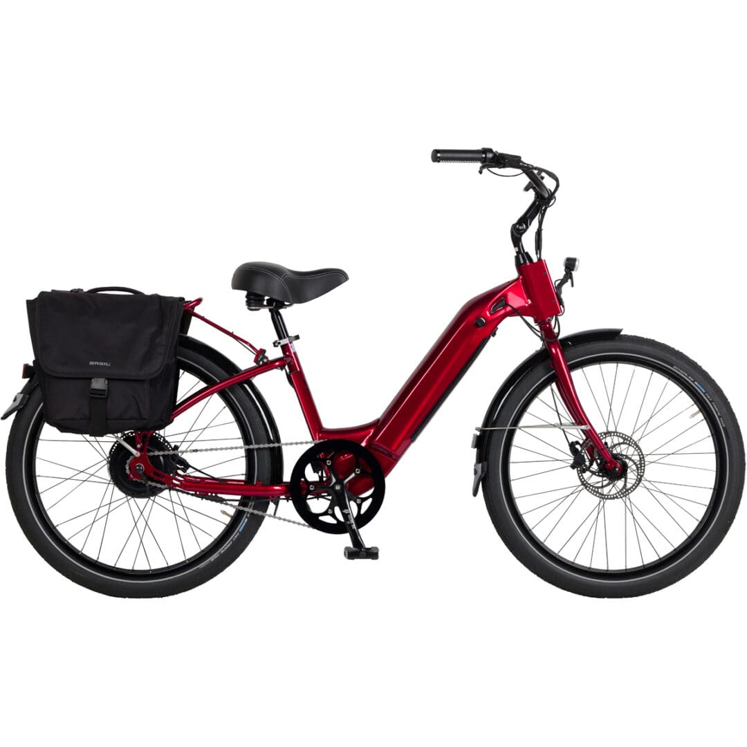 A red bike with a black basket on the front.