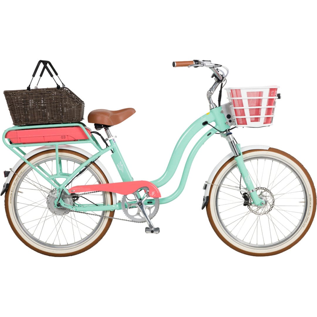 A bicycle with baskets and a basket holder on the front.