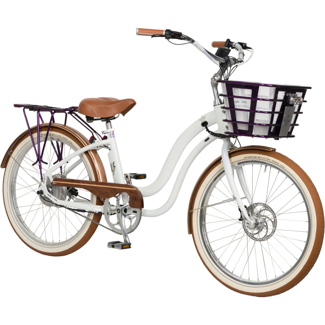 A white bicycle with a basket on the front.